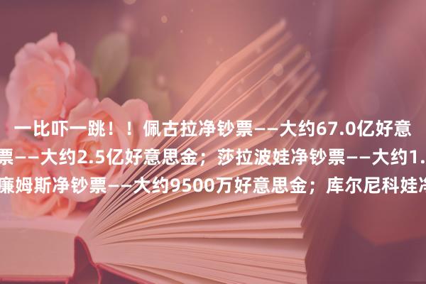 一比吓一跳！！佩古拉净钞票——大约67.0亿好意思金；小威廉姆斯净钞票——大约2.5亿好意思金；莎拉波娃净钞票——大约1.85亿好意思金；大威廉姆斯净钞票——大约9500万好意思金；库尔尼科娃净钞票——大约5000万好意思金；李娜净钞票——大约5000万好意思金；库兹涅佐娃净钞票——大约3100万好意思金；科维托娃净钞票——大约2500万好意思金；比 莉净钞票——大约2000万好意思金；伊万诺维奇